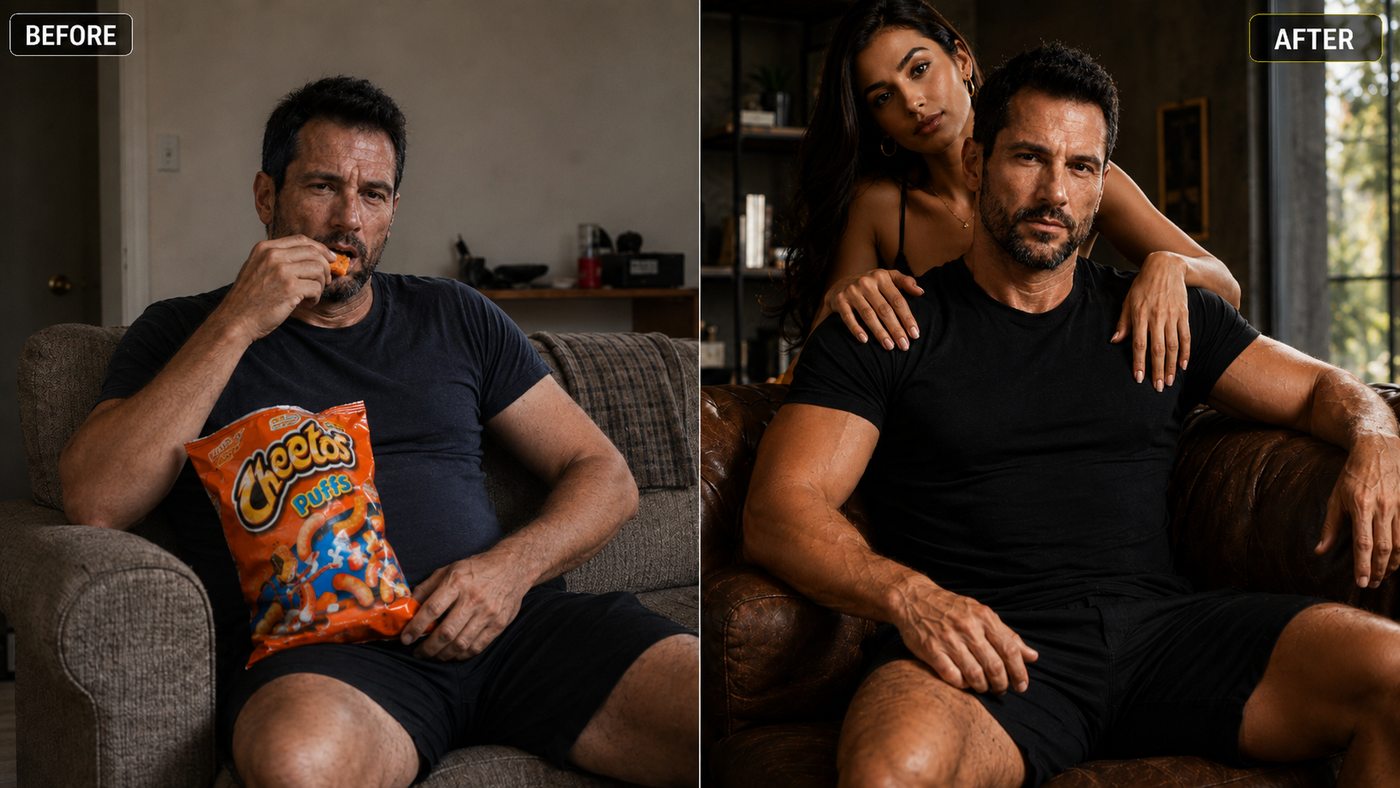 Illustrative before and after concept: a man on the couch eating junk food, versus a lean, muscular version of a man after building discipline and training