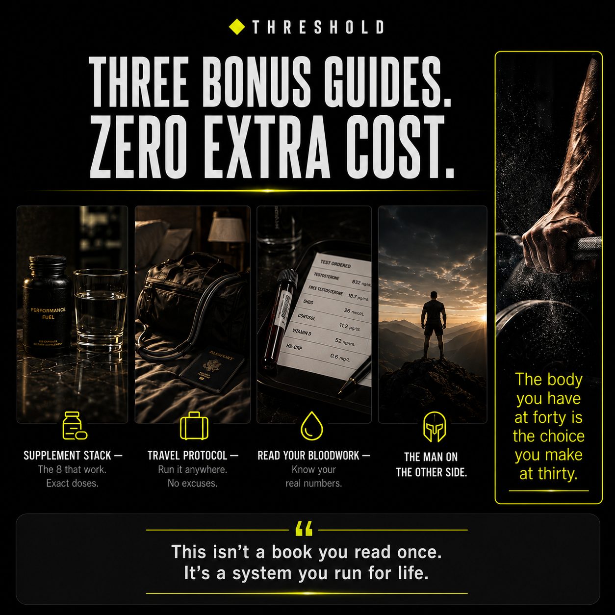 Three bonus guides included: Supplement Stack (the 8 that work, exact doses), Travel Protocol (run it anywhere, no excuses), and Read Your Bloodwork (know your real numbers)