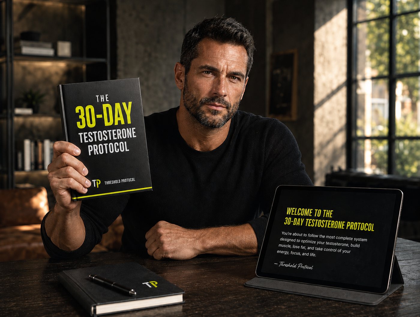A man holding The 30-Day Testosterone Protocol book at his desk, with a tablet beside him reading: Welcome to the 30-Day Testosterone Protocol — you're about to follow the most complete system designed to optimize your testosterone, build muscle, lose fat, and take control of your energy, focus, and life.