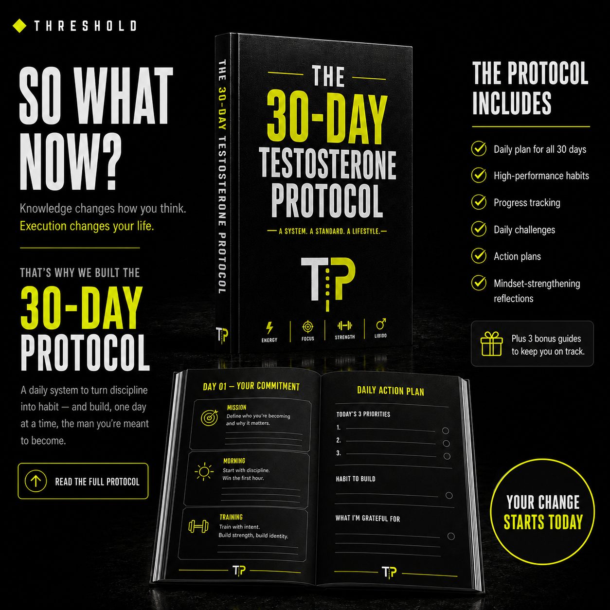 So what now? The protocol includes: daily plan for all 30 days, high-performance habits, progress tracking, daily challenges, action plans, and mindset-strengthening reflections, plus 3 bonus guides