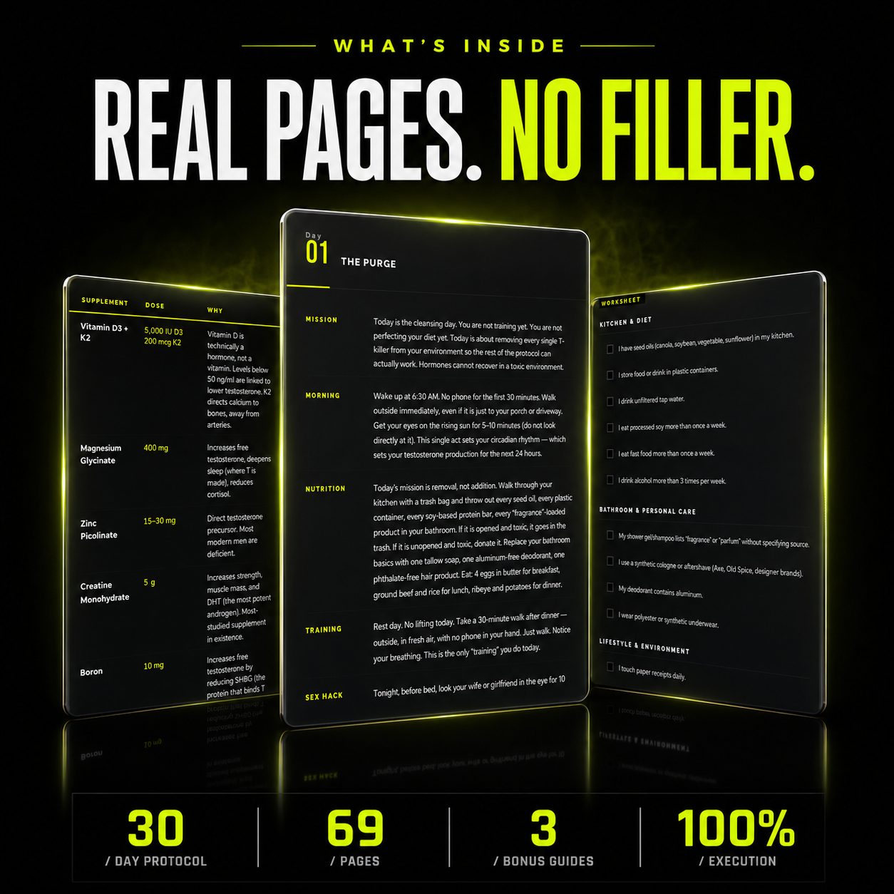Real pages from inside the protocol: a Day 1 daily plan, the supplement stack table, and the self-audit worksheet